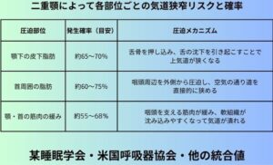 二重顎によって各部位ごとの気道狭窄リスクと確率