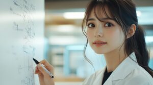 ホワイトボードに書き込んでいる女性